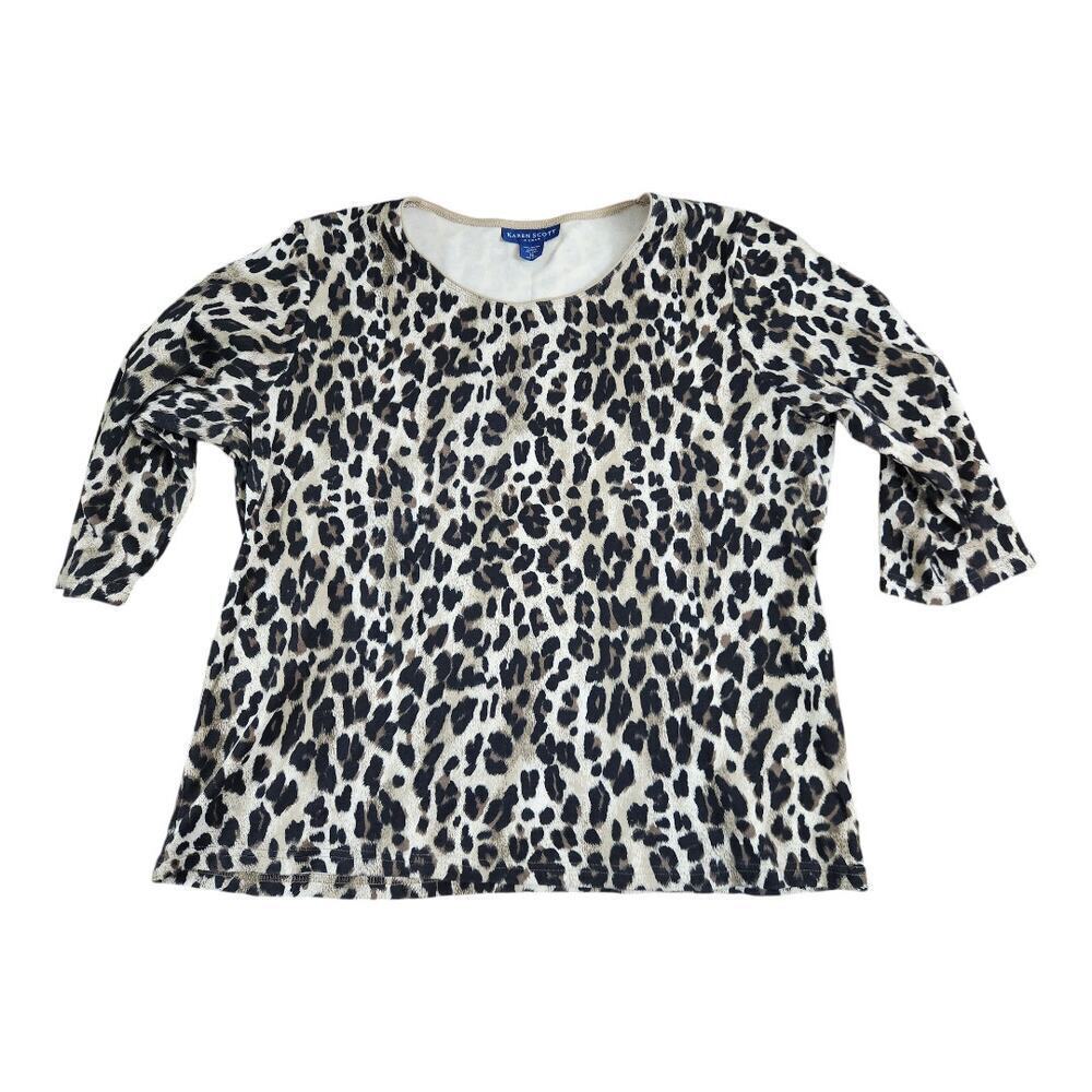 Karen Scott womens‎ plus sz 1X animal print 3/4 sleeve top 100% cotton tan brown
